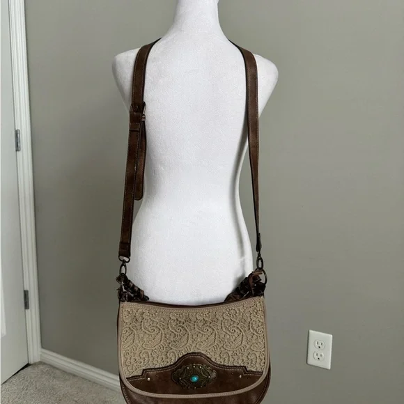 Justin Crossbody Brown and Cream Lace with Turquoise Stone - Picture 3 of 11